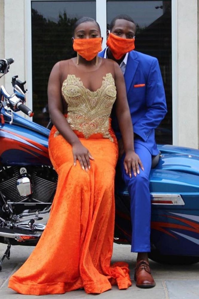 Bright Organe Sweetheart Appliques Mermaid Evening Maxi Dress Crew Neck Prom Party Gowns-showprettydress