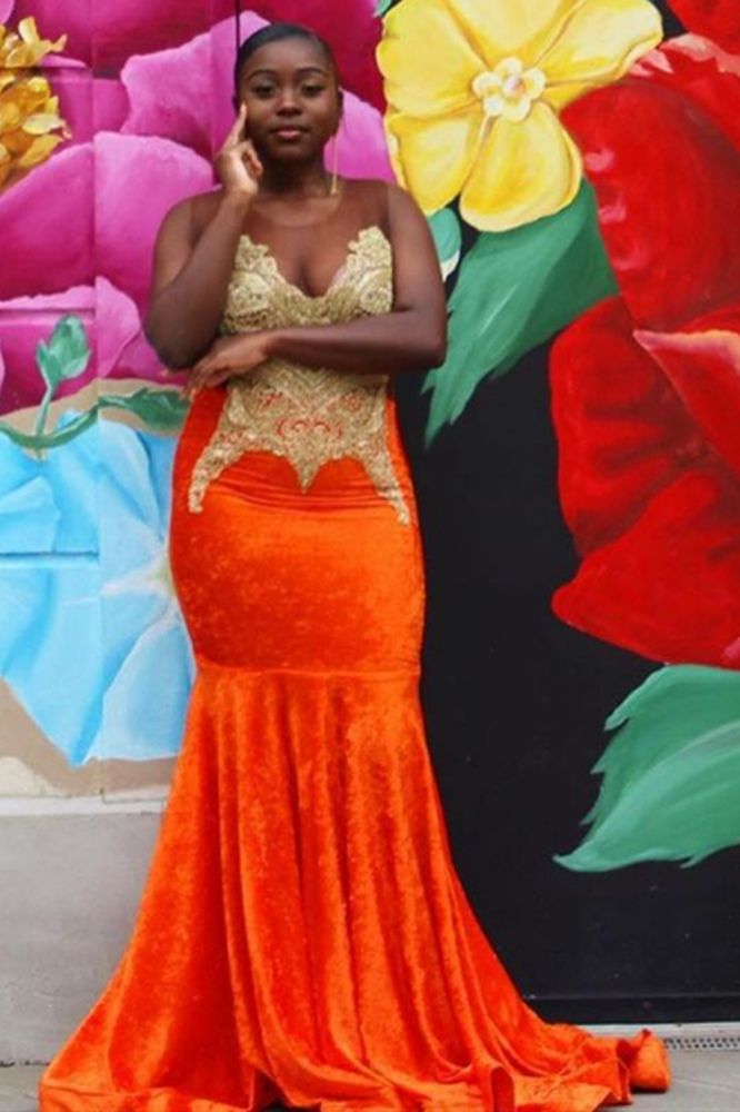 Bright Organe Sweetheart Appliques Mermaid Evening Maxi Dress Crew Neck Prom Party Gowns-showprettydress