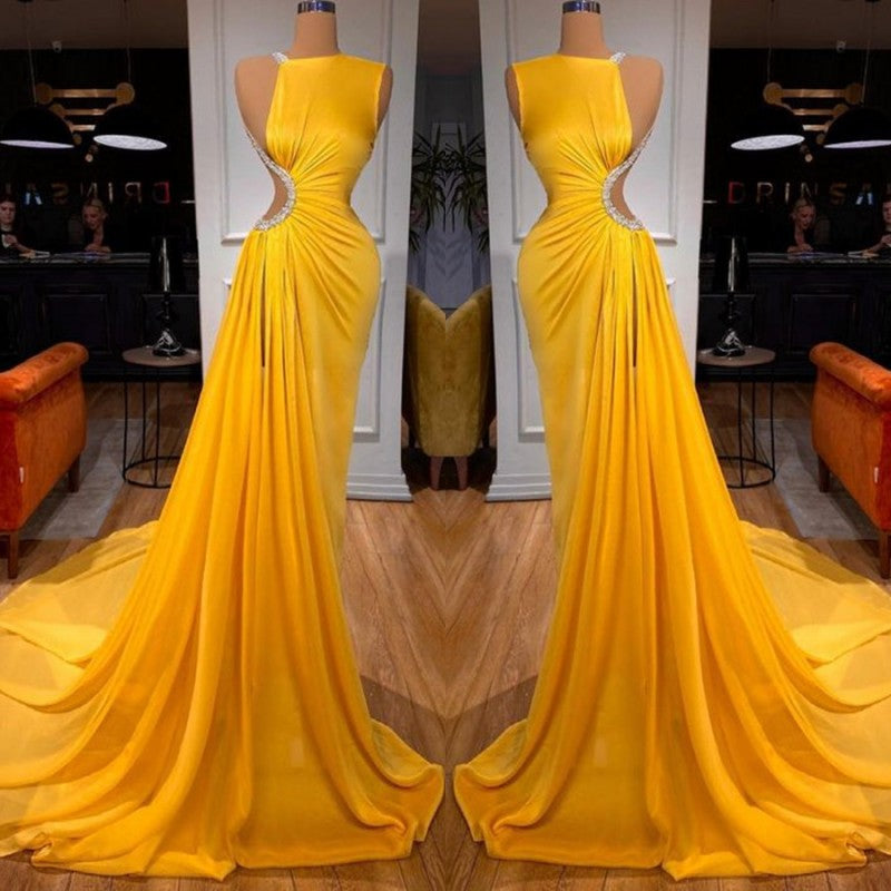 Bright Yellow Long Mermaid Prom Dress With Slit-showprettydress