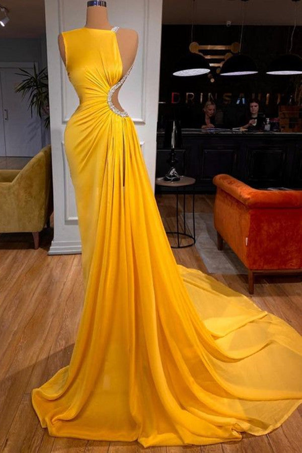 Bright Yellow Long Mermaid Prom Dress With Slit-showprettydress