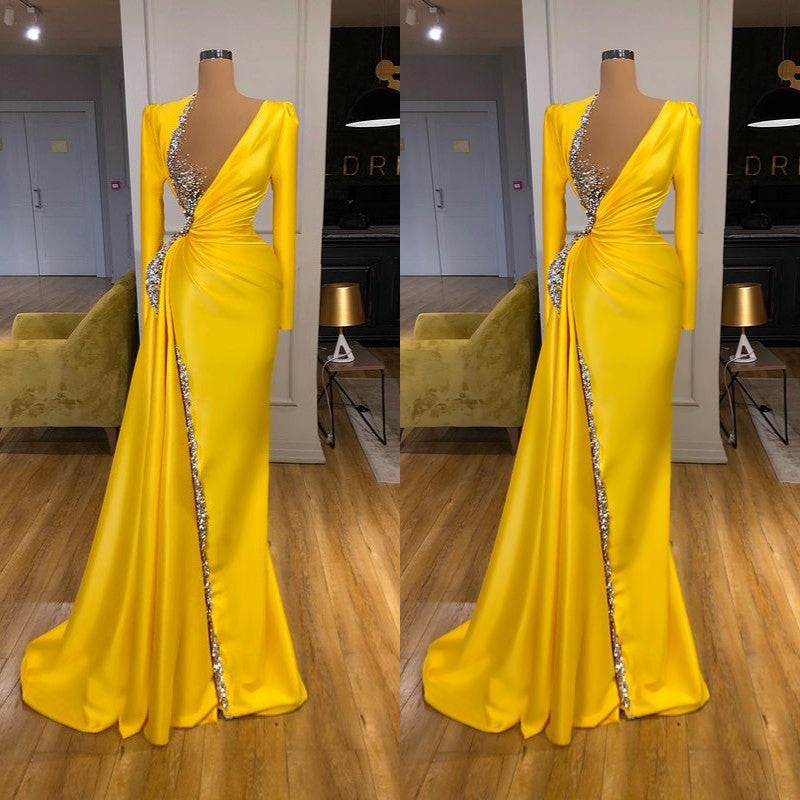 Bright Yellow Long Sleeves Mermaid V-neck Metallic Sequin Prom Dress-showprettydress