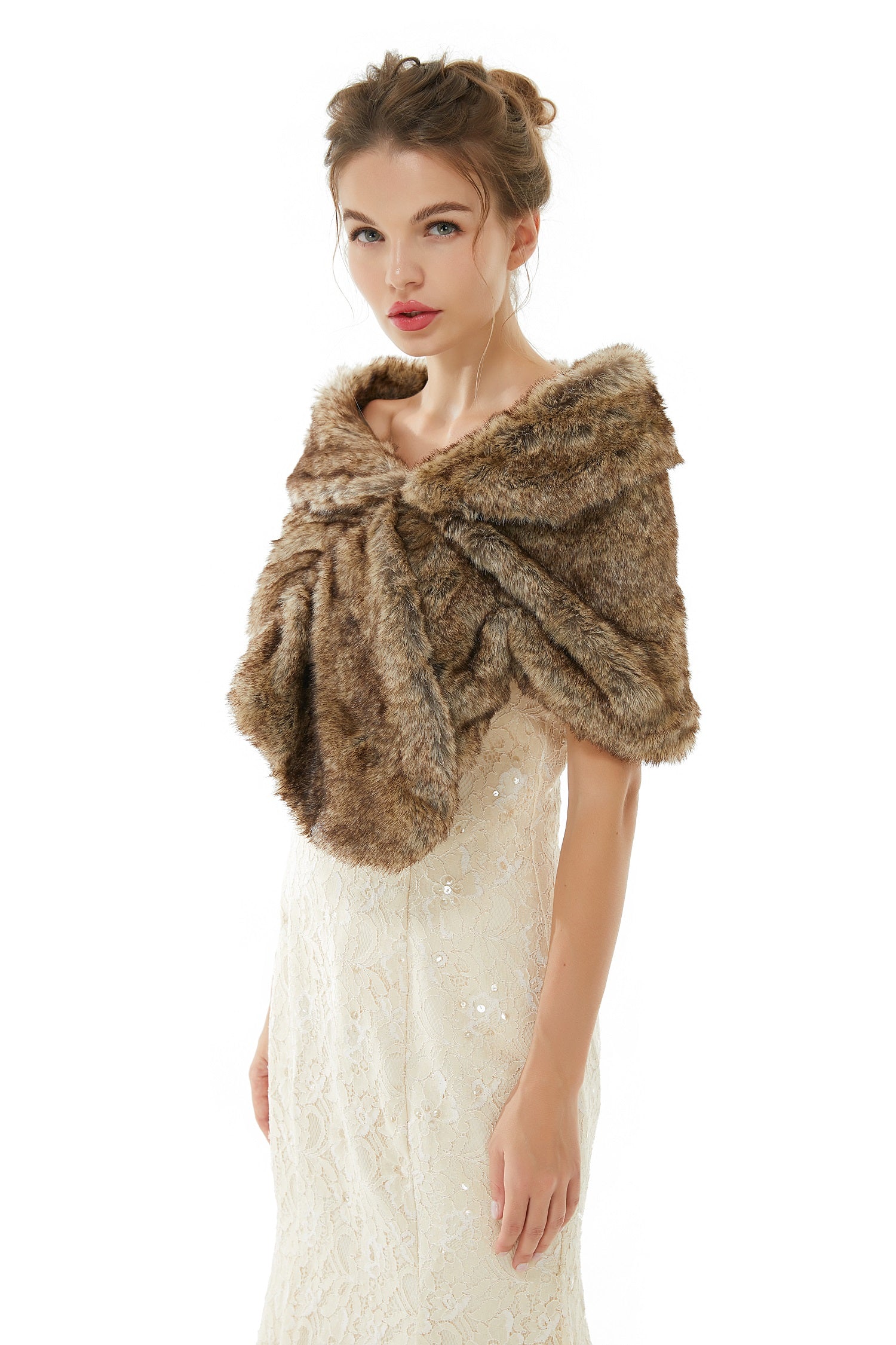 Brown Wedding Shrug Faux Fur Stole Fluffy Bridal Wrap Shawl-showprettydress