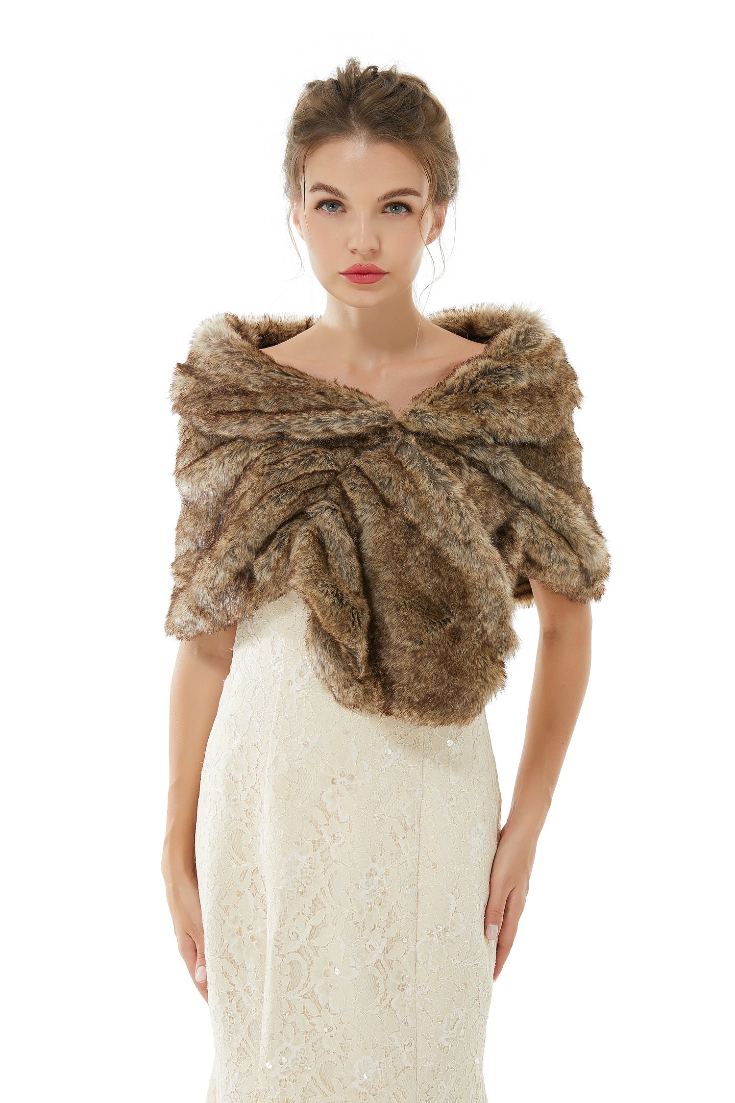 Brown Wedding Shrug Faux Fur Stole Fluffy Bridal Wrap Shawl-showprettydress