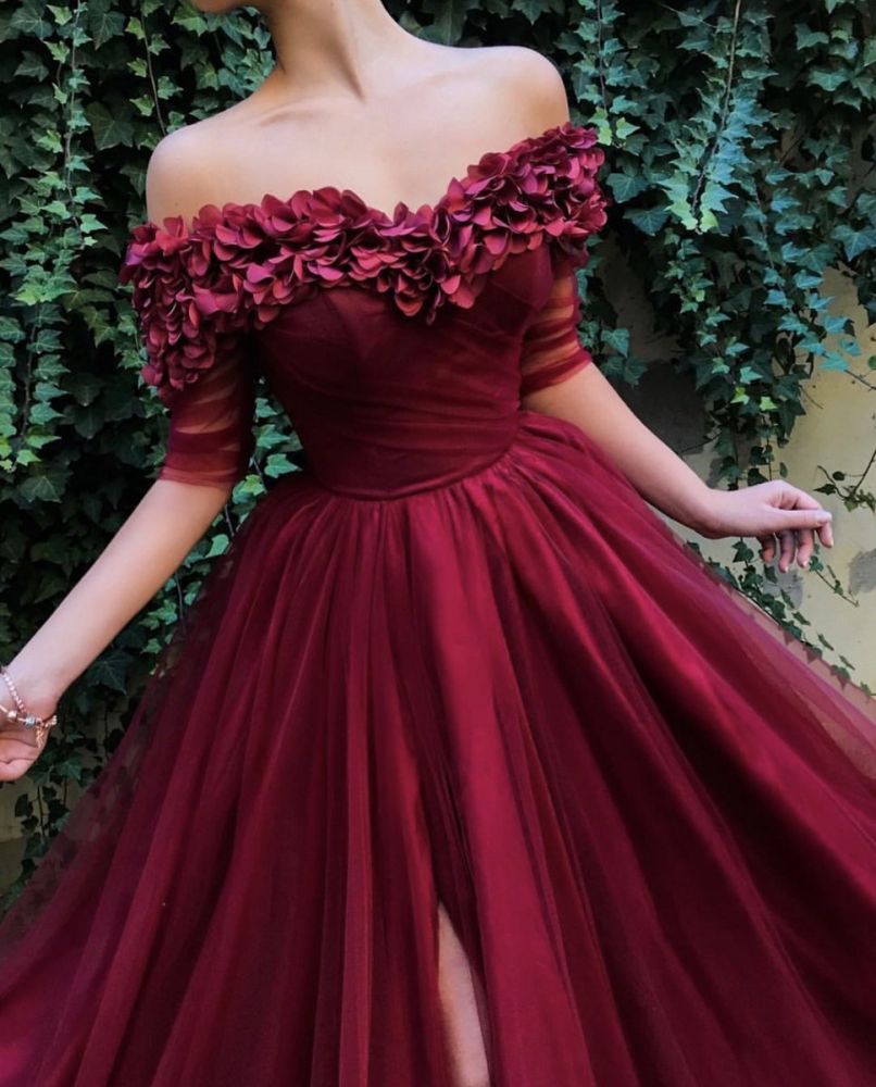 Burgundy A-line Off-the-Shoulder Tulle Flower Applique Prom Dresses-showprettydress