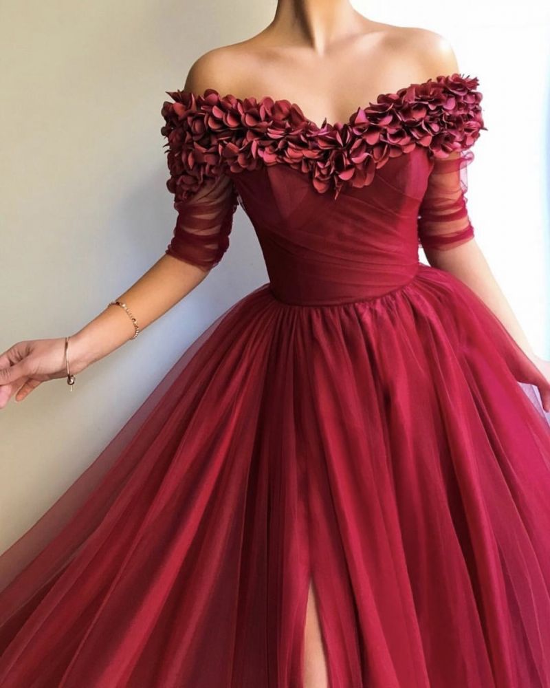 Burgundy A-line Off-the-Shoulder Tulle Flower Applique Prom Dresses-showprettydress