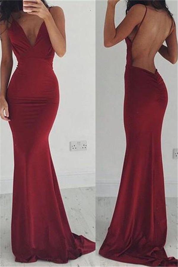 Burgundy Evening Gowns Stretchy Spaghettis-Straps Backless Column Prom Dresses-Showprettydress
