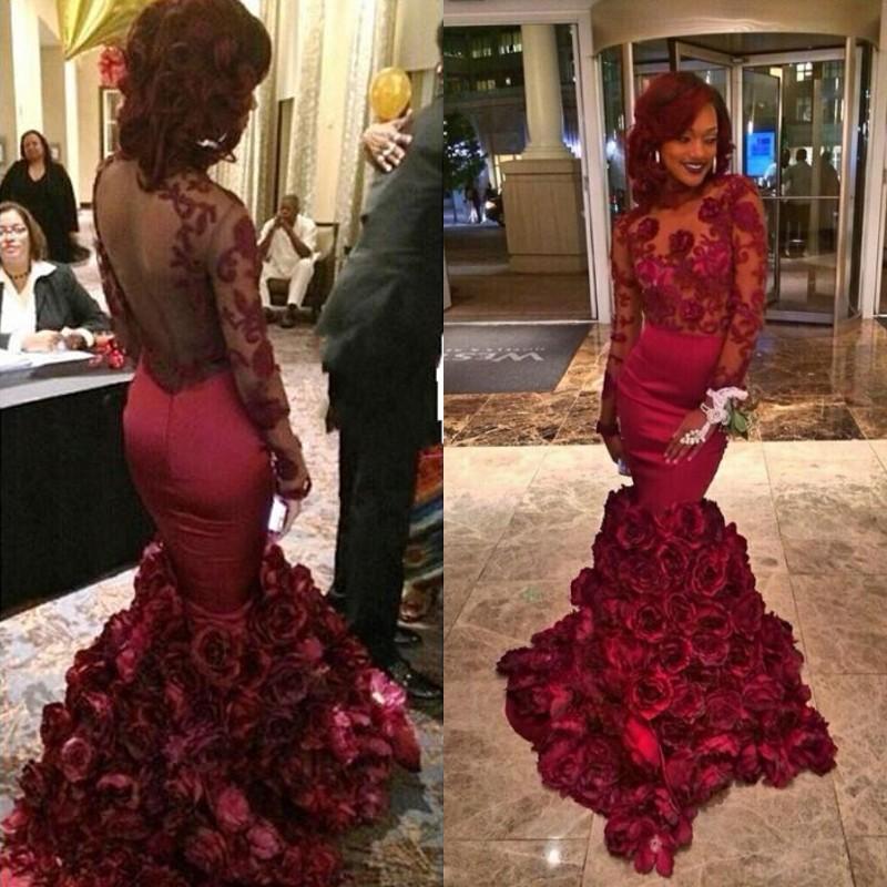 Burgundy Lace-Appliques Long-Sleeves Flowers-Train Mermaid Prom Dresses-showprettydress
