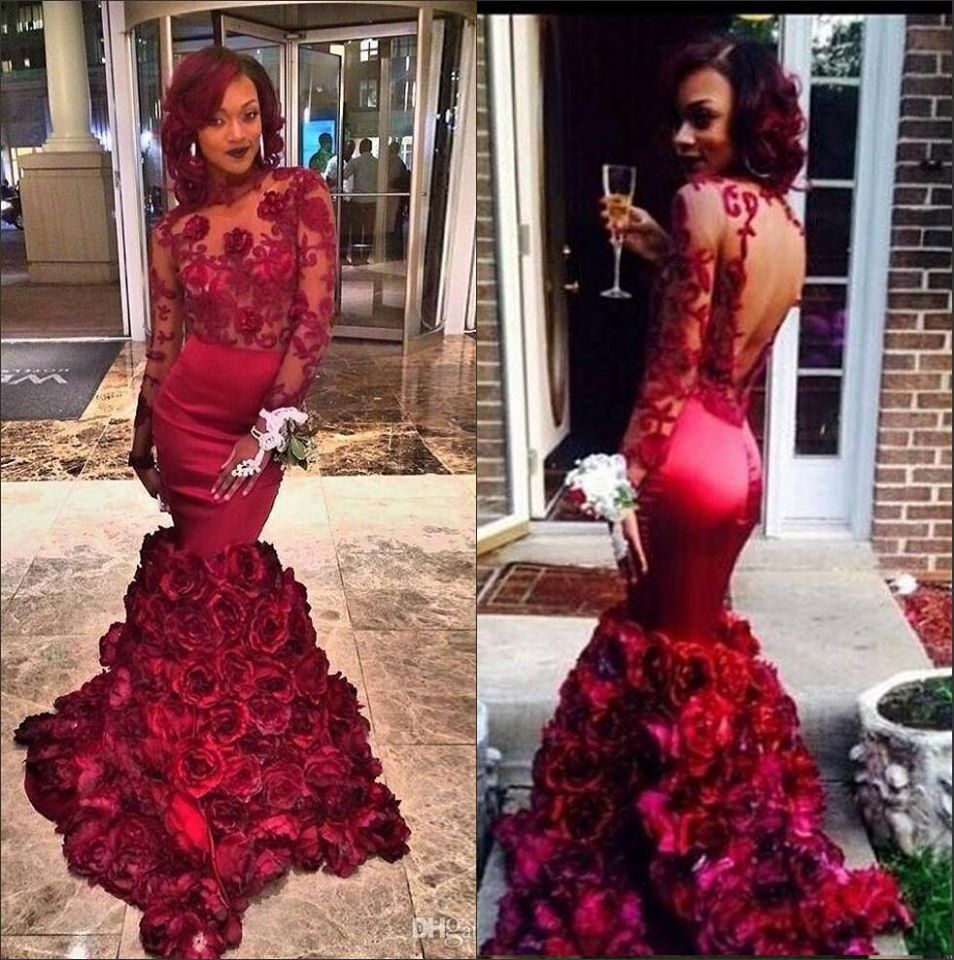 Burgundy Lace-Appliques Long-Sleeves Flowers-Train Mermaid Prom Dresses-showprettydress