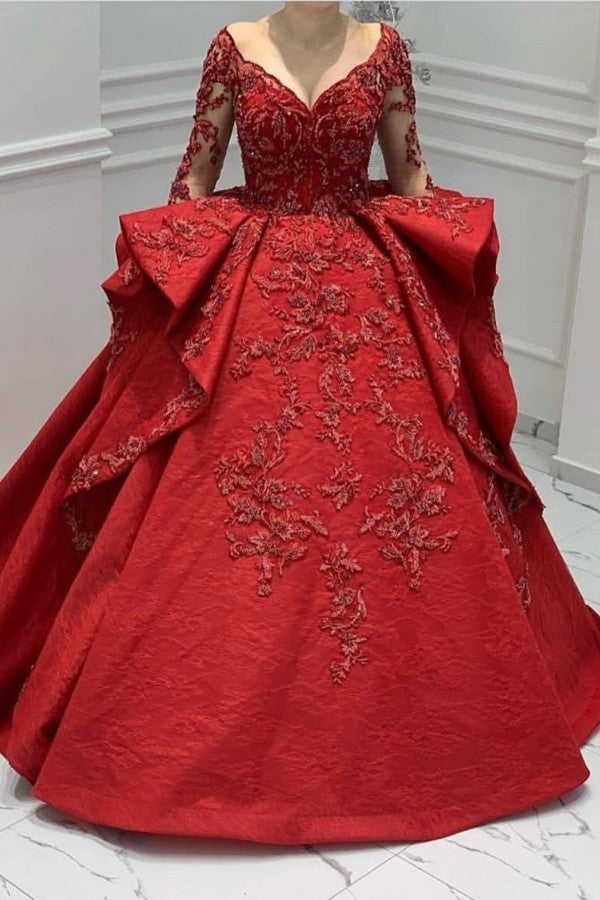 Burgundy Lace Appliques Long Sleevess V-neck Ruffles Ball Gowns Evening Gowns-showprettydress