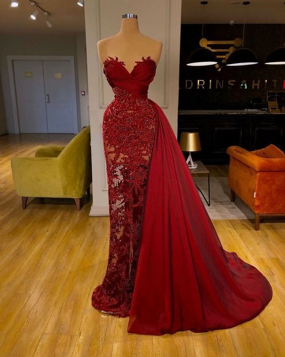 Burgundy Long Mermaid Lace Prom Dress with Detachable Train-showprettydress