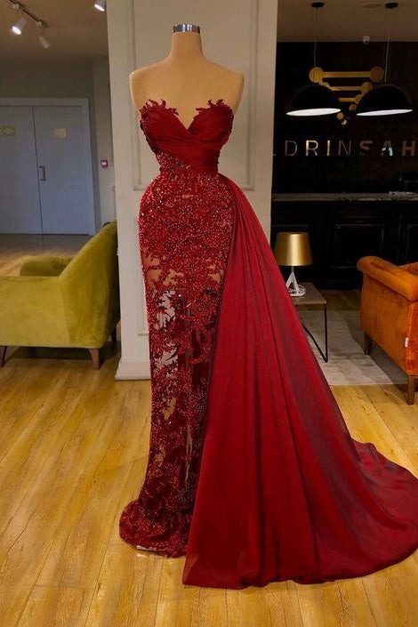 Burgundy Long Mermaid Lace Prom Dress with Detachable Train-showprettydress
