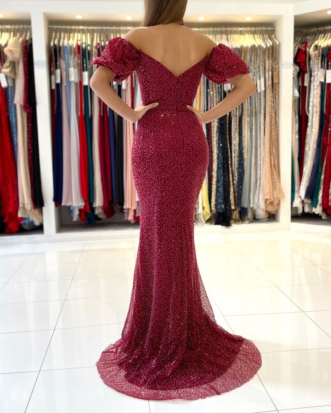 Burgundy Mermaid Off-the-Shoulder Prom Dress Long Sequins Evening Formal Gowns with Slit-showprettydress