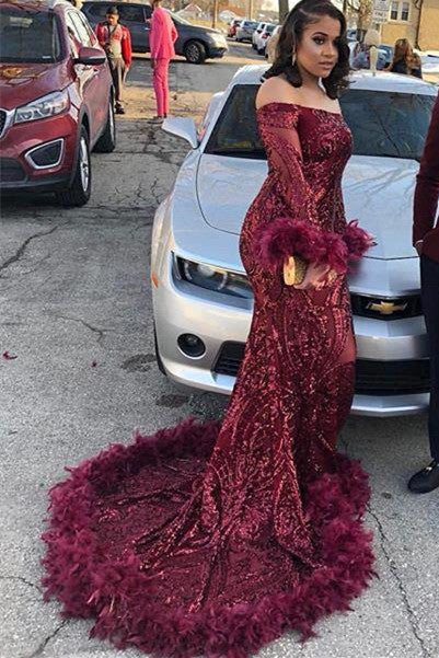 Burgundy Off Shoulder Sequins Sheath Long Sleeves Prom Dress with Feather-showprettydress