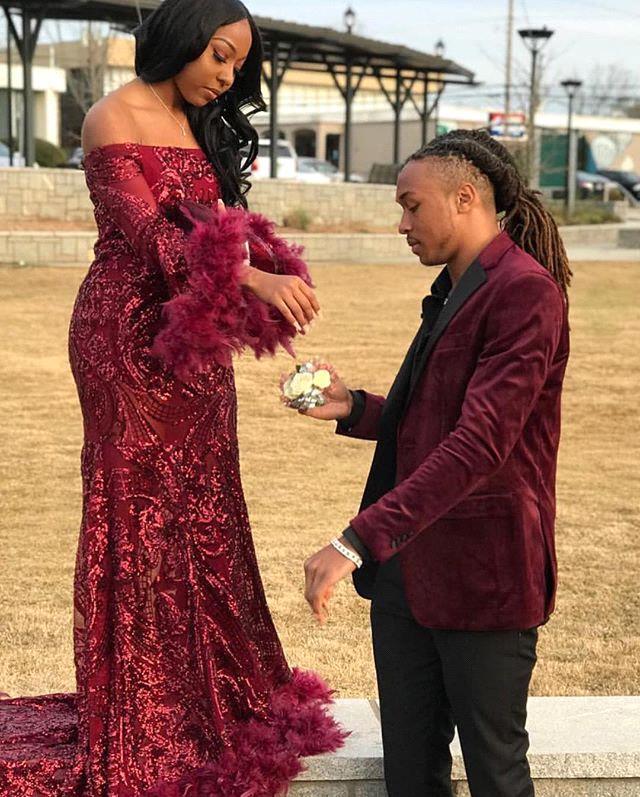 Burgundy Off Shoulder Sequins Sheath Long Sleeves Prom Dress with Feather-showprettydress