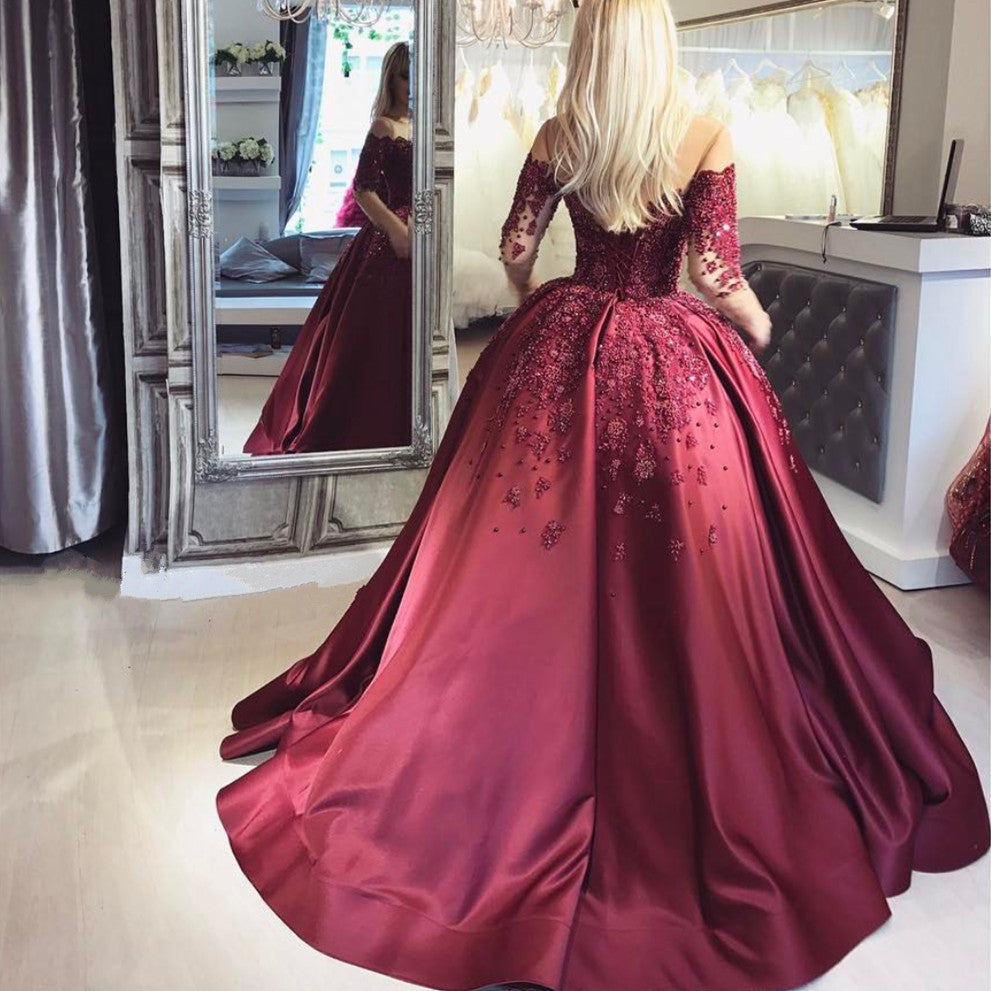 Burgundy Off-the-Shoulder Long-Sleeves Crystal Appliques Ball Prom Dresses-showprettydress