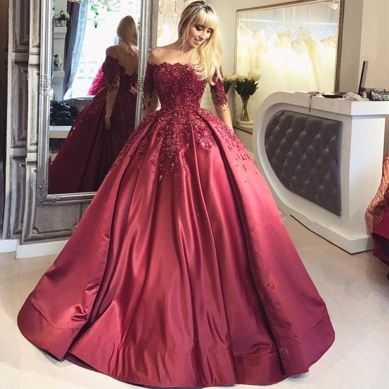 Burgundy Off-the-Shoulder Long-Sleeves Crystal Appliques Ball Prom Dresses-showprettydress
