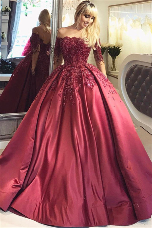 Burgundy Off-the-Shoulder Long-Sleeves Crystal Appliques Ball Prom Dresses-showprettydress