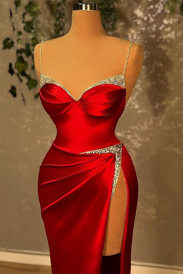 Burgundy Spaghetti-Straps Mermaid Evening Dress Sleeveless With Slit Beads-showprettydress