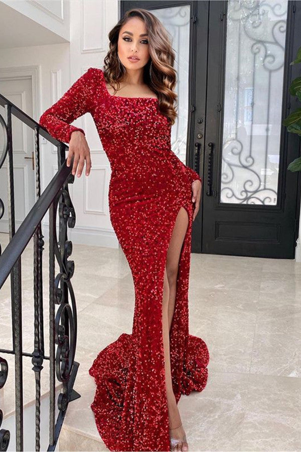 Burgundy Square Long Sleeves Prom Dress Mermaid Sequins Slit-showprettydress