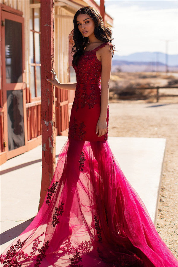 Burgundy Straps Appliques Tulle Mermaid Prom Dresses-showprettydress