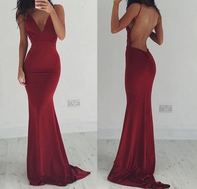 Burgundy Stretchy Spaghettis-Straps Backless Column Prom Dresses-showprettydress