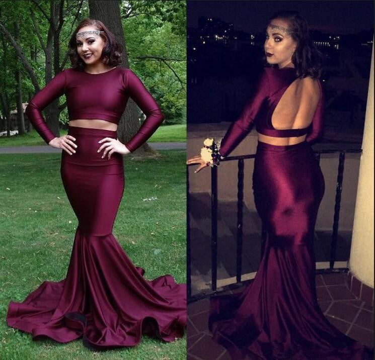 Burgundy two piece prom dress Long mermaid evening gowns-showprettydress