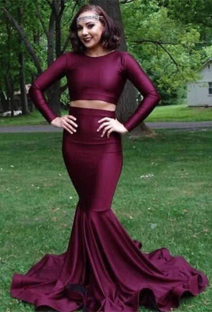 Burgundy two piece prom dress Long mermaid evening gowns-showprettydress
