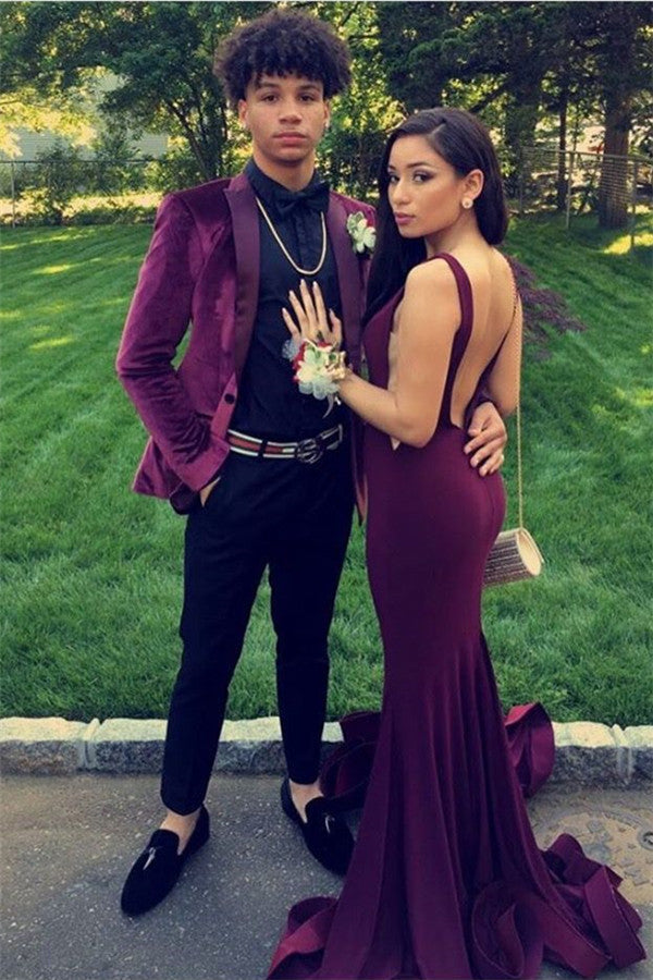 Burgundy Velvet Two Pieces Peak Lapel Bespoke Prom Suits for Men Burgundy Velvet Two Pieces Peak Lapel Bespoke Prom Suits for Men
