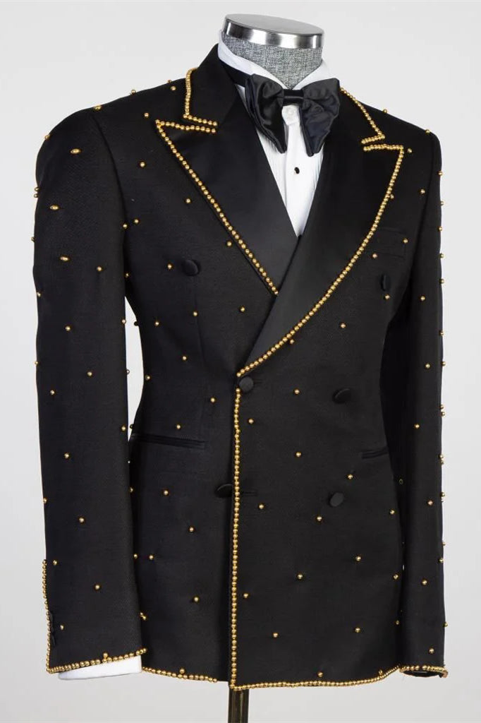 Black Peaked Lapel Double-Breasted Prom Suit with Gold Beading