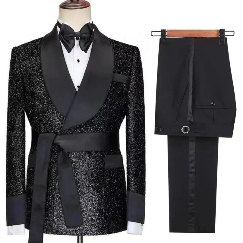 Black Men's Wedding Suit with Satin Shawl Lapel and Belt