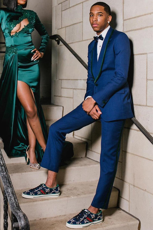 Dark Blue Shawl Lapel One-Button Prom Suit with Black Border