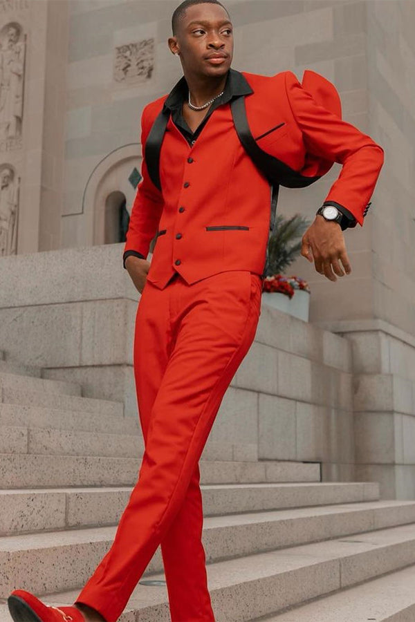 Red 3-Piece Prom Suit with Black Shawl Lapel