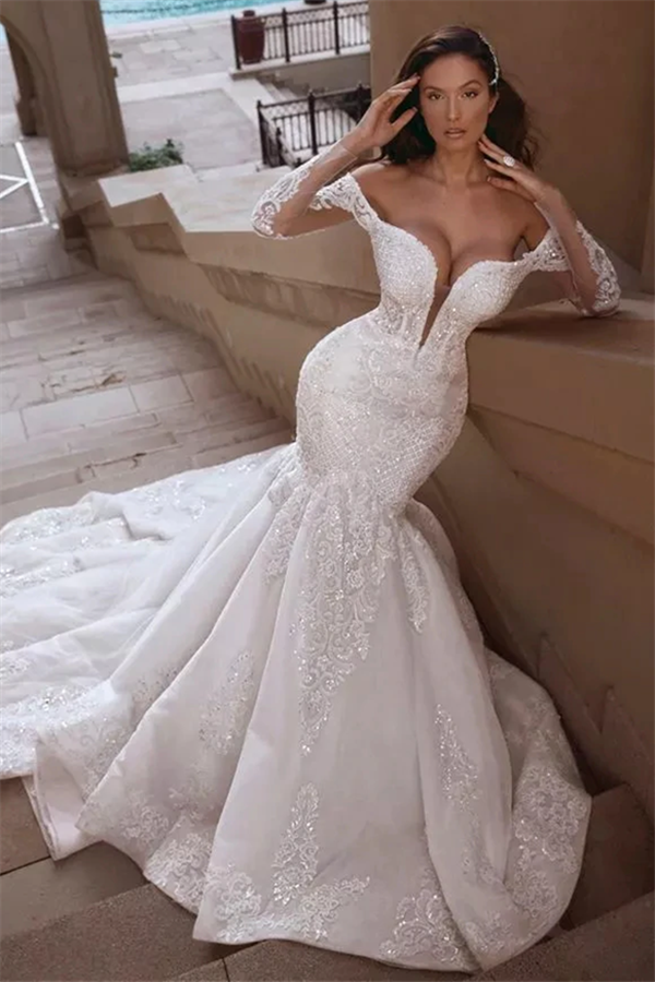 Cap sleeves Mermaid Long Train White Wedding Dresses Online Cap sleeves Mermaid Long Train White Wedding Dresses Online