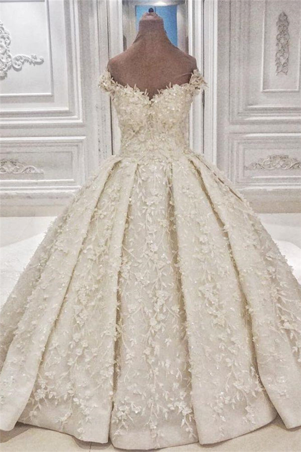 Cap sleeves Off the shoulder Lace Appliques Ball Gown Wedding Dress-showprettydress
