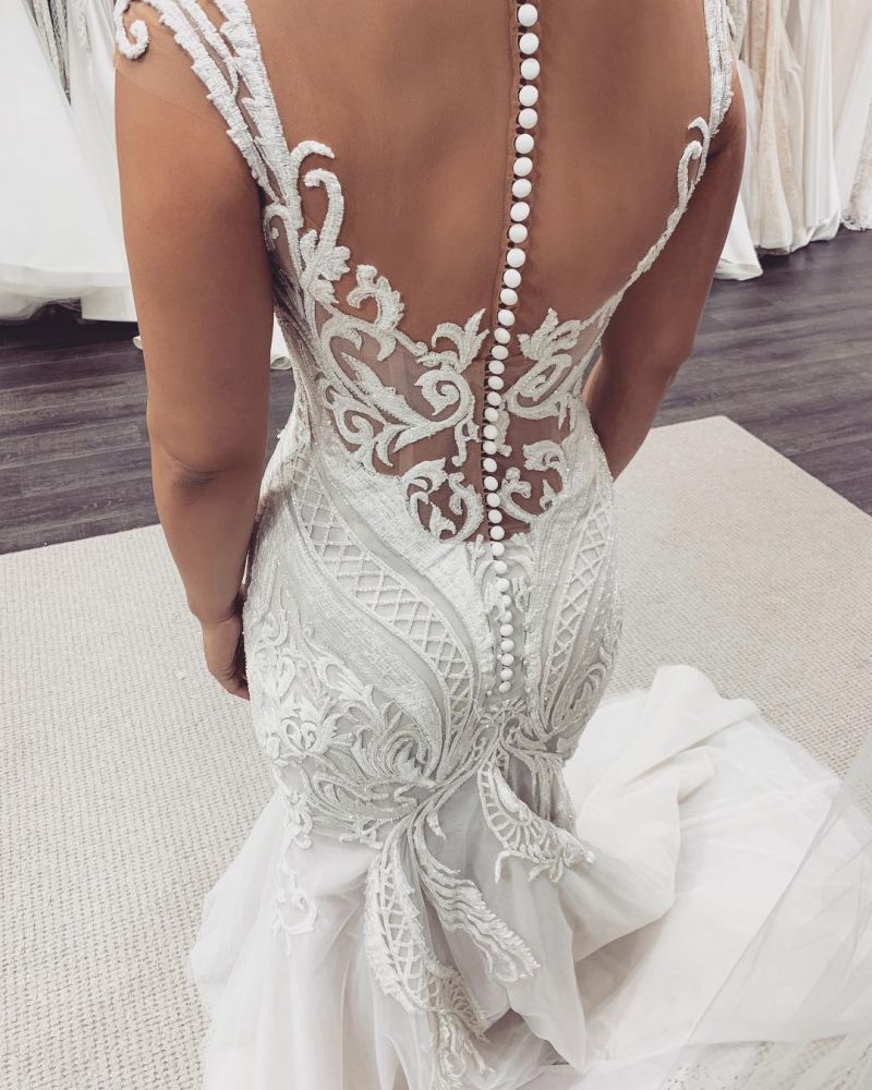 Cap sleeves White Lace Mermaid court Train Wedding Dress-showprettydress