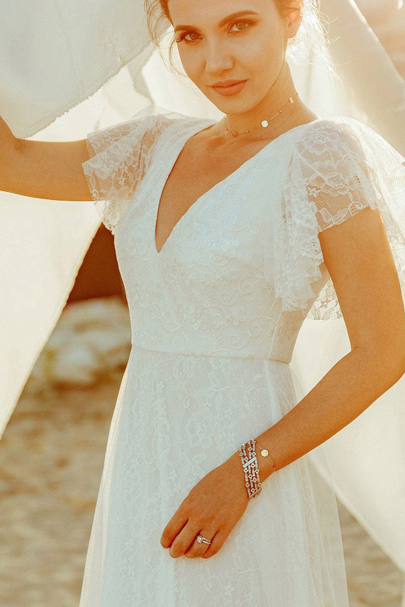 Casual Wedding Dress A Lne Chic V-Neck Short Sleeve Long Tulle Beach Wedding Party Dresses Bridal Gowns-Showprettydress