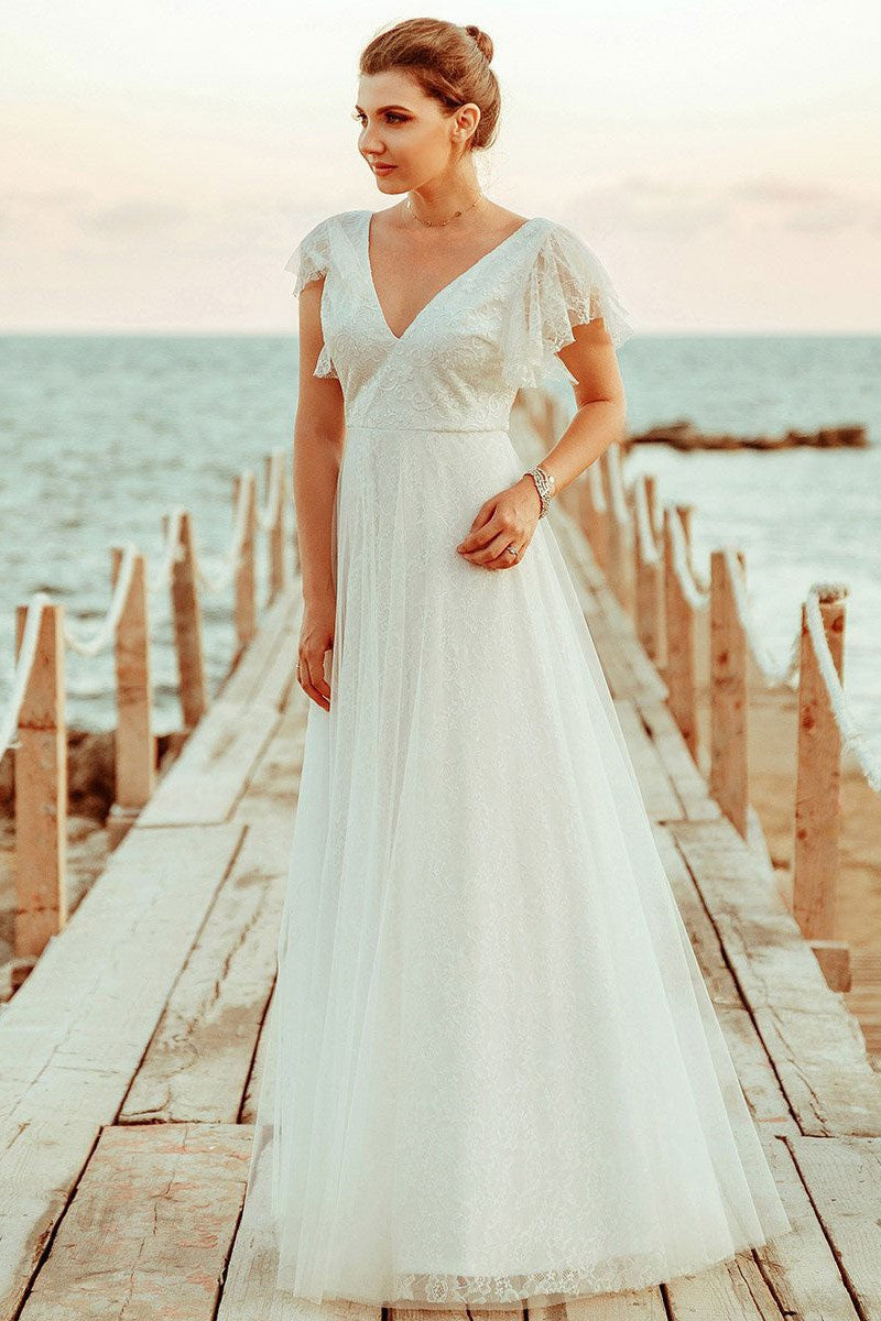 Casual Wedding Dress A Lne Chic V-Neck Short Sleeve Long Tulle Beach Wedding Party Dresses Bridal Gowns-Showprettydress