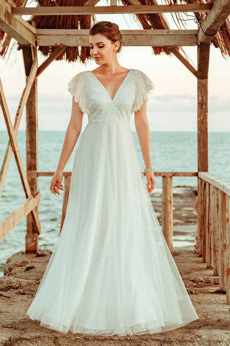 Casual Wedding Dress A Lne Chic V-Neck Short Sleeve Long Tulle Beach Wedding Party Dresses Bridal Gowns-Showprettydress