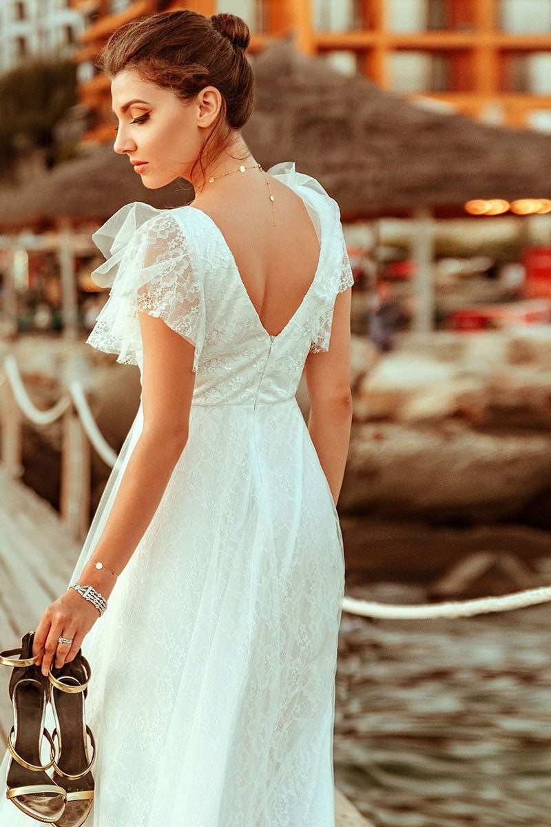 Casual Wedding Dress A Lne Chic V-Neck Short Sleeve Long Tulle Beach Wedding Party Dresses Bridal Gowns-Showprettydress