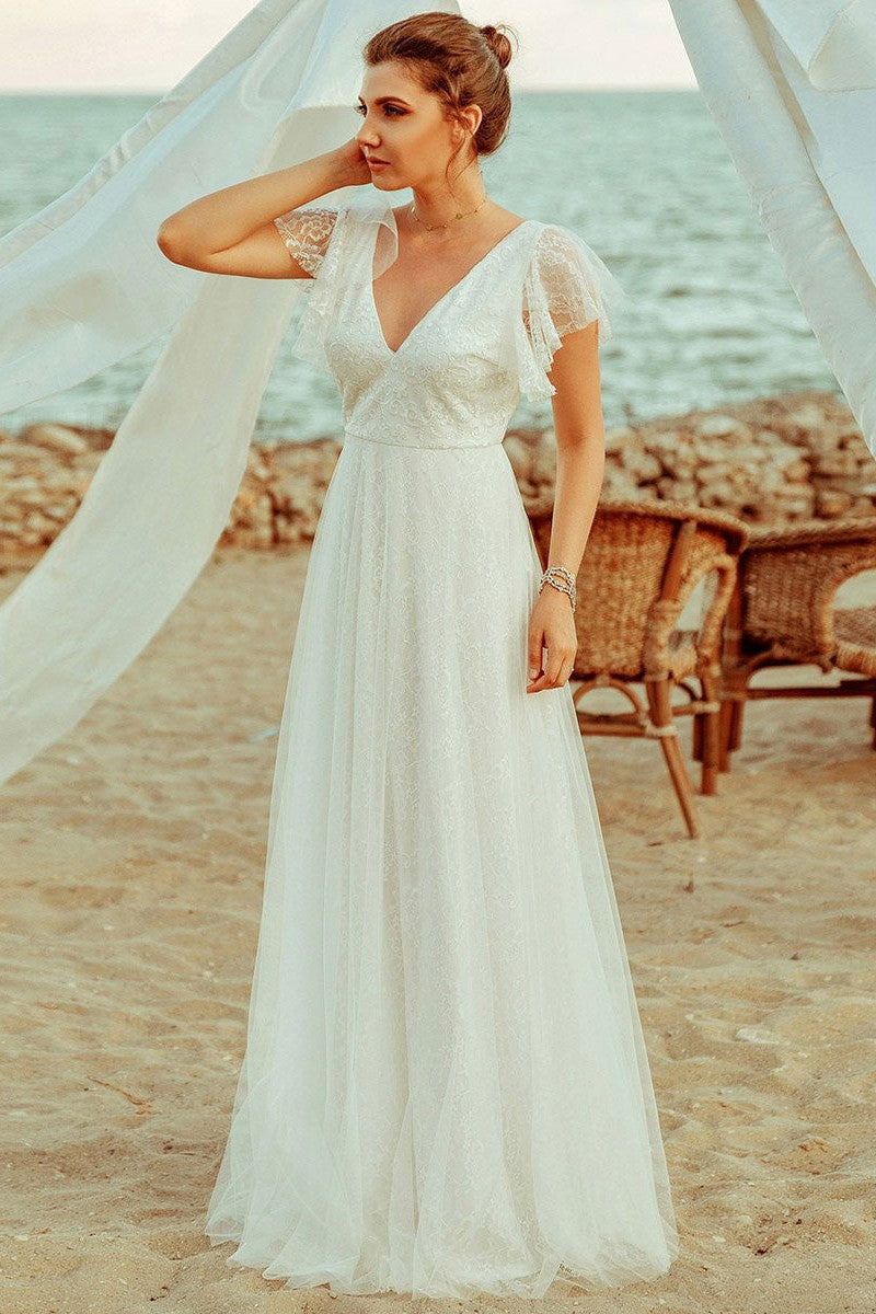 Casual Wedding Dress A Lne Chic V-Neck Short Sleeve Long Tulle Beach Wedding Party Dresses Bridal Gowns-Showprettydress