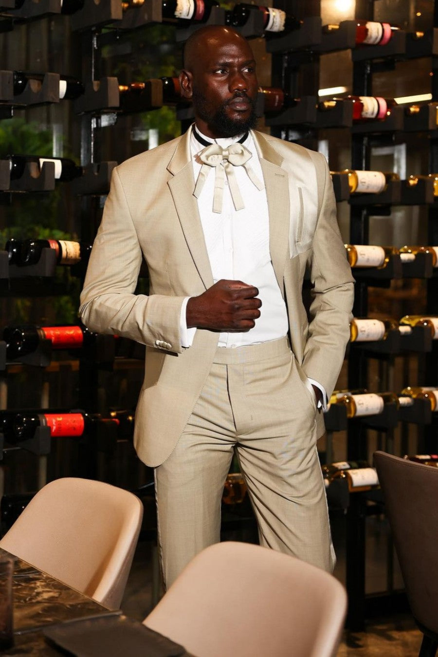 Khaki One-Button Prom Suit with Satin Trimmings