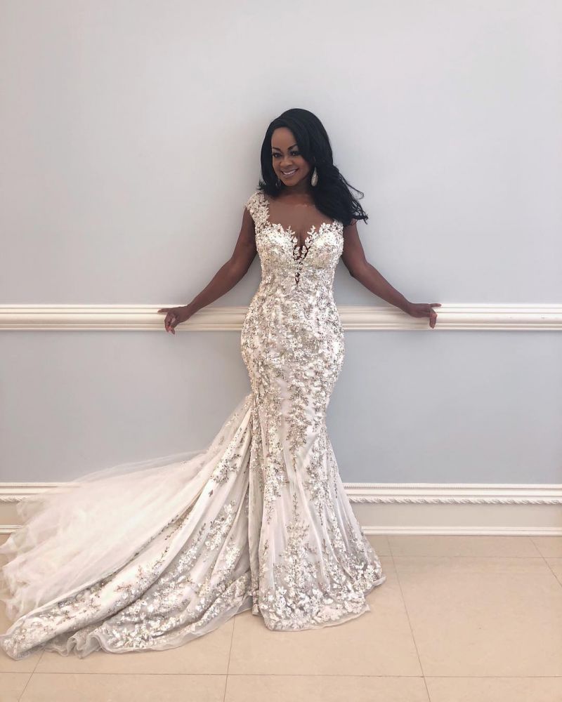 Chaeming Cap Sleeve Mermaid Bridal GownsNew Arrival Lace Appliques Slim Bridal Gowns-showprettydress