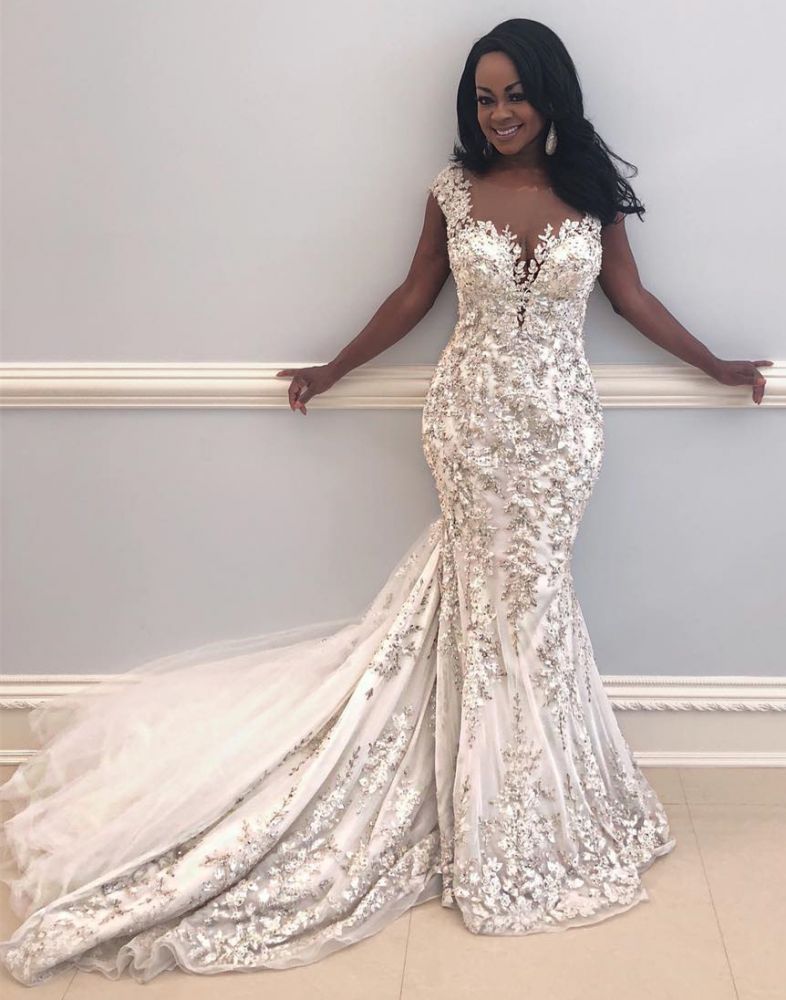 Chaeming Cap Sleeve Mermaid Bridal GownsNew Arrival Lace Appliques Slim Bridal Gowns-showprettydress