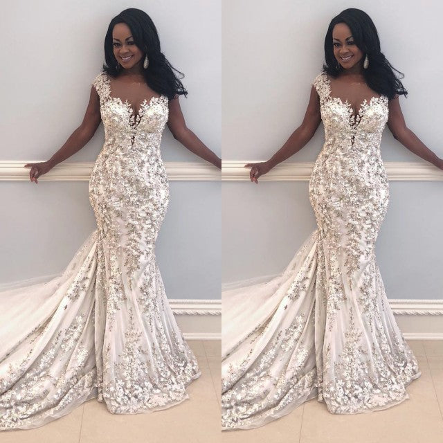 Chaeming Cap Sleeve Mermaid Bridal GownsNew Arrival Lace Appliques Slim Bridal Gowns-showprettydress