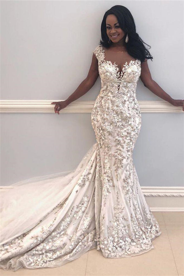 Chaeming Cap Sleeve Mermaid Bridal GownsNew Arrival Lace Appliques Slim Bridal Gowns-showprettydress