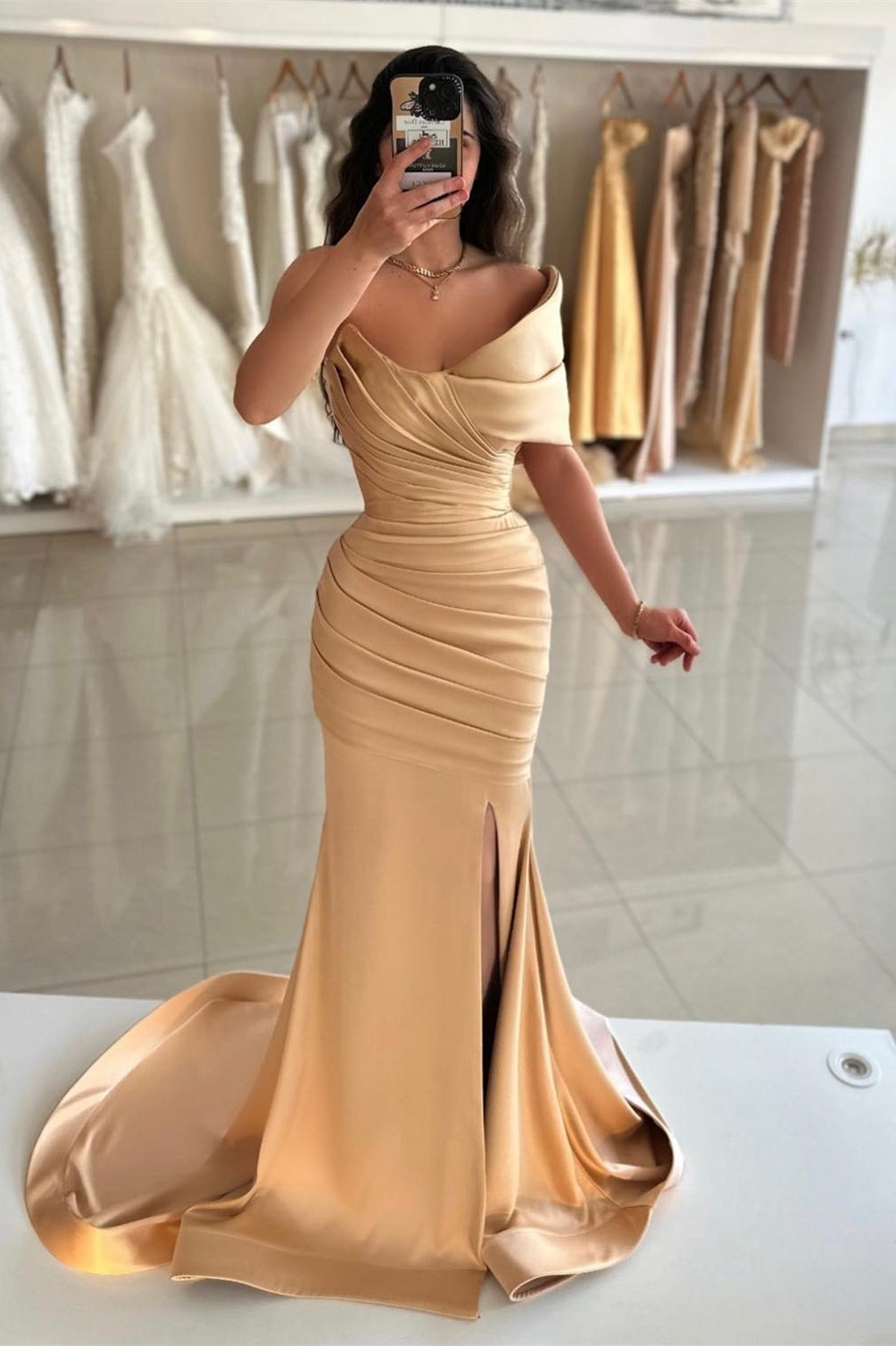 Champagne Long Mermaid One Shoulder Prom Dress with Slit