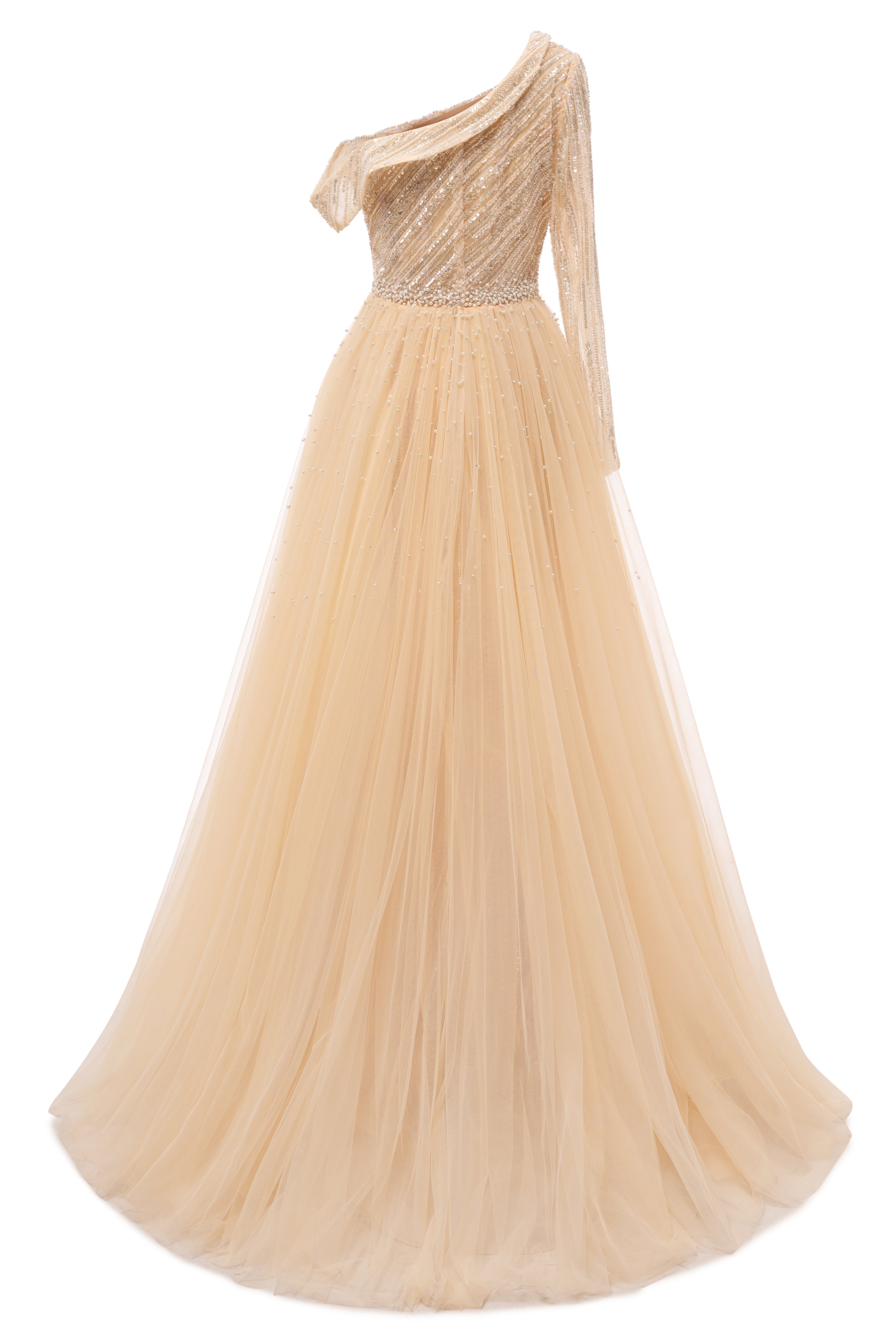 Champange One shoulder Overskirt Beaded Evening Dresses-showprettydress