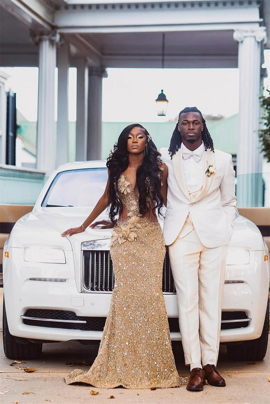 Champange Sleeveless Flowers Sequin Column Floor length Sparkle Prom Dresses-Showprettydress