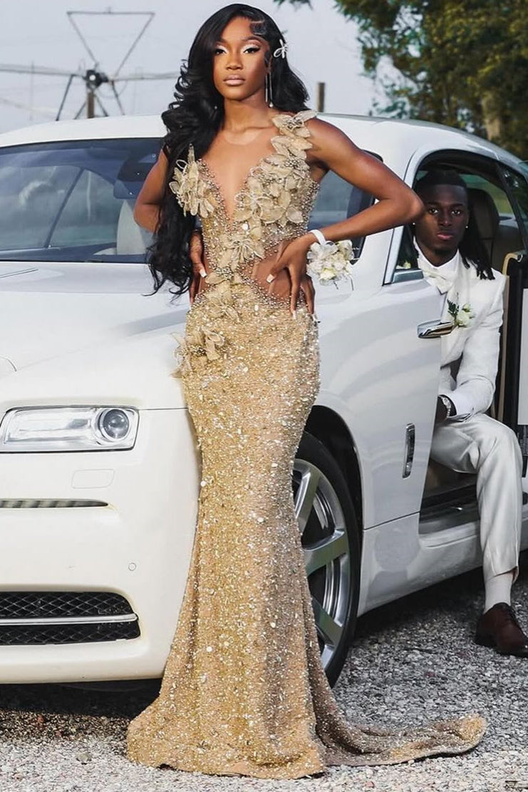 Champange Sleeveless Flowers Sequin Column Floor length Sparkle Prom Dresses-Showprettydress