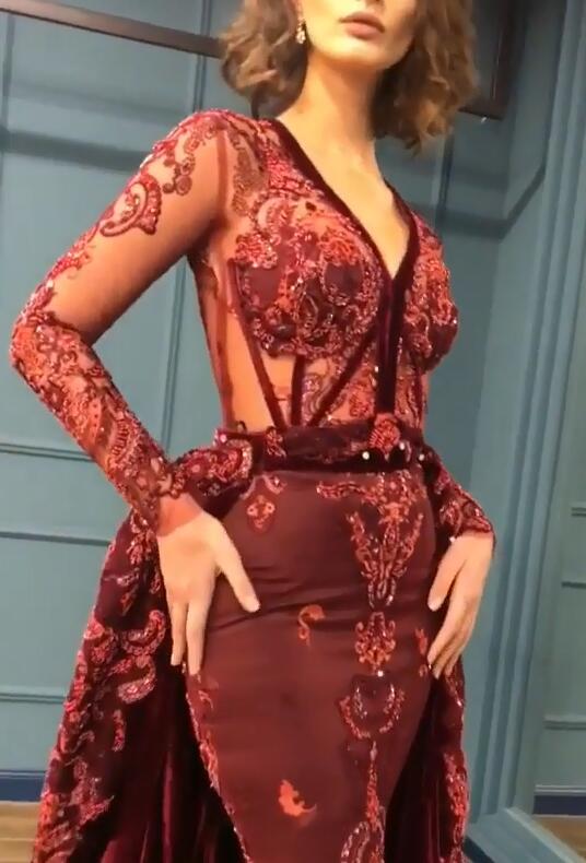 Charming Beading Burgundy Long Sleevess Prom Dresses with Appliques-showprettydress